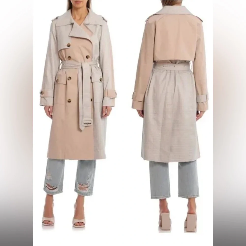 Avec Les Filles - Women's Mixed Media Plaid Cotton Trench Coat - Picture 3 of 3